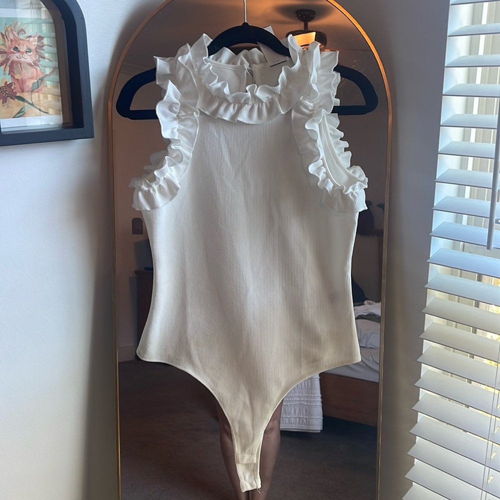 White Sleeveless Ruffle Top Bodysuit